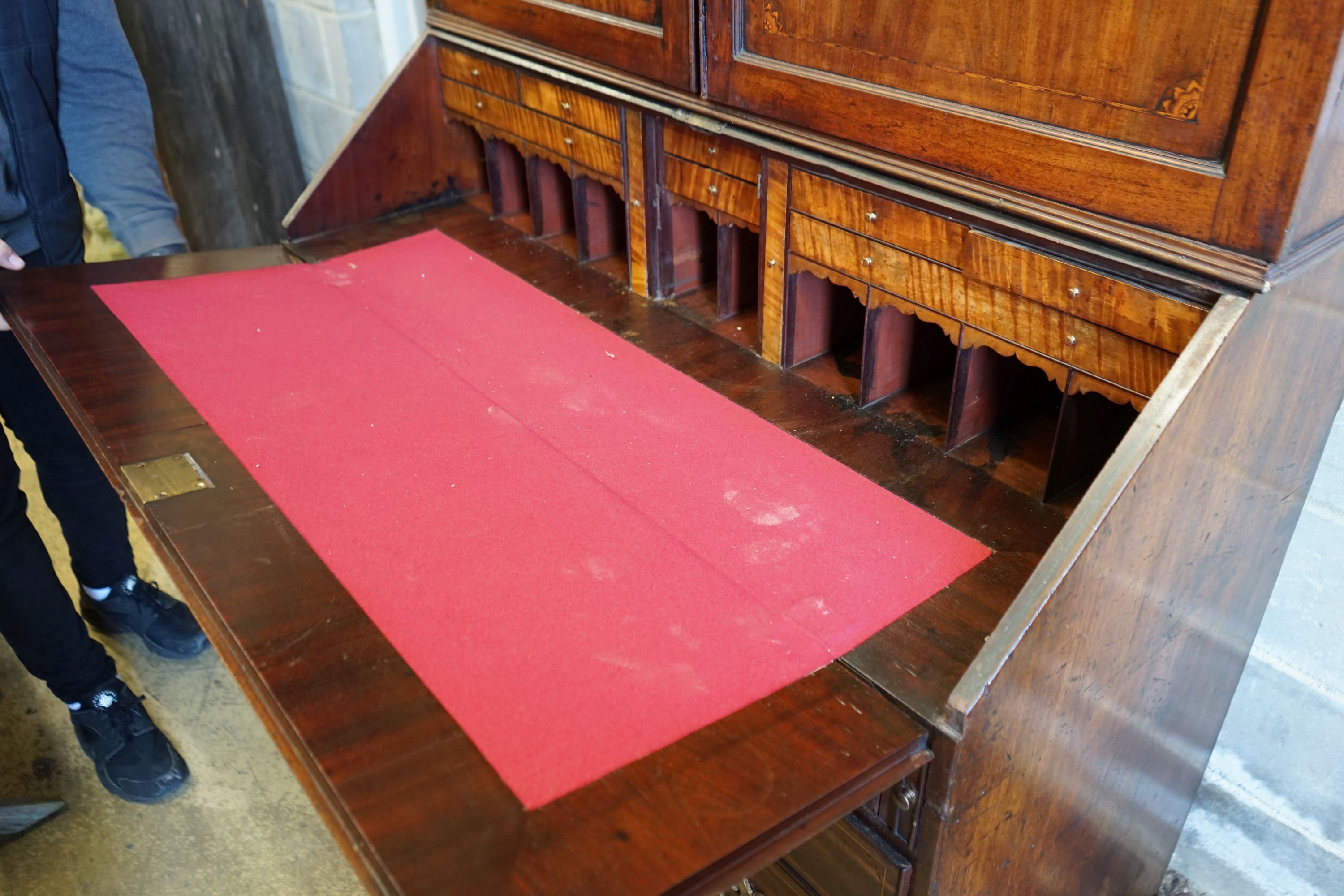A George III inlaid mahogany bureau bookcase, width 120cm, depth 56cm, height 224cm